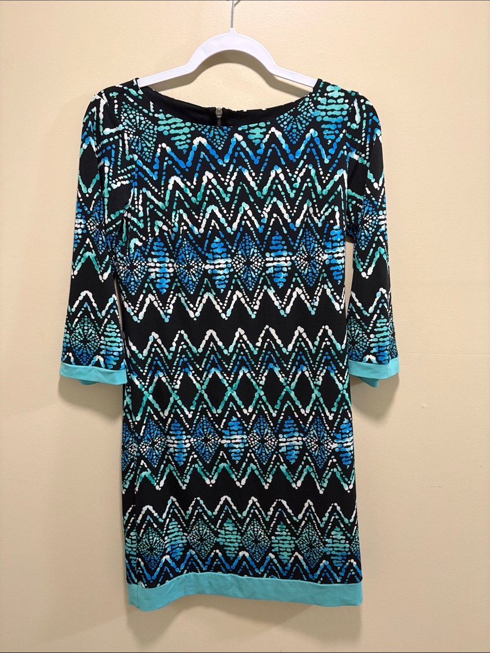 Donna Ricco Black Dress with Teal & Blue Zigzag Print